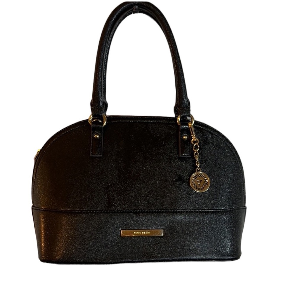 Anne Klein black satchel bag with logo and hanging logo charm. Classic retro